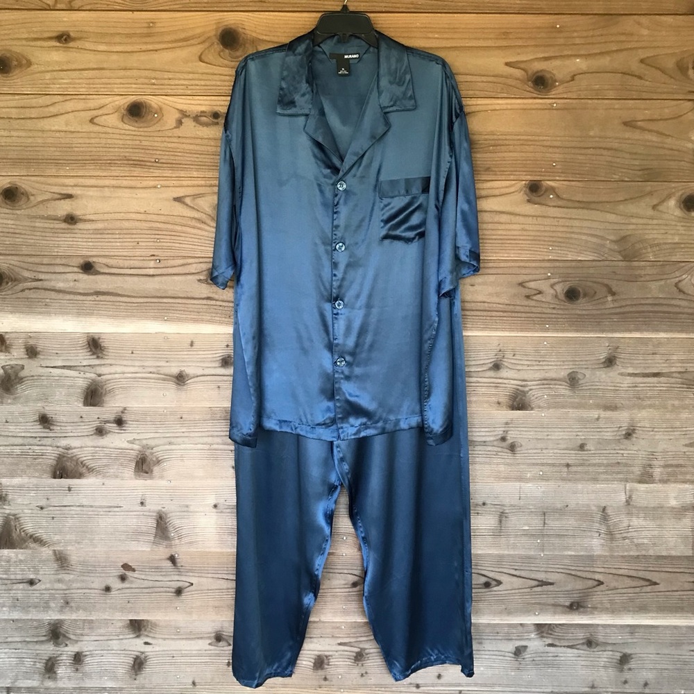 Murano Sleepwear Navy Blue 100% Silk Short Sleeve & Pant Pajama Set Size XL